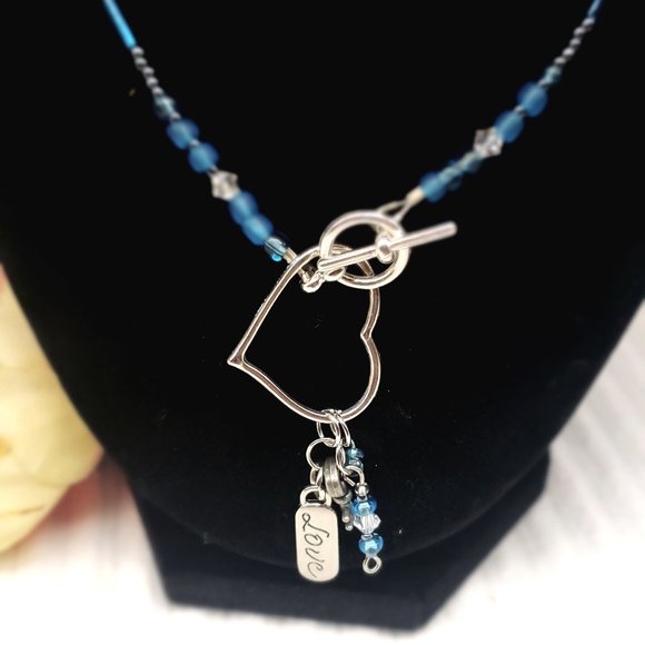 Dark Blue Hematite & Heart Charm Dangle Boho Wrap Bracelet/Necklace Earrings Set - Picture 6 of 17